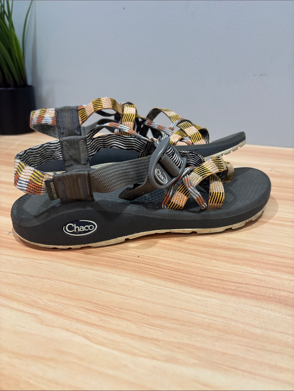 Chaco Women's Strappy Sandals - Black with Yellow and Orange Plaid Straps